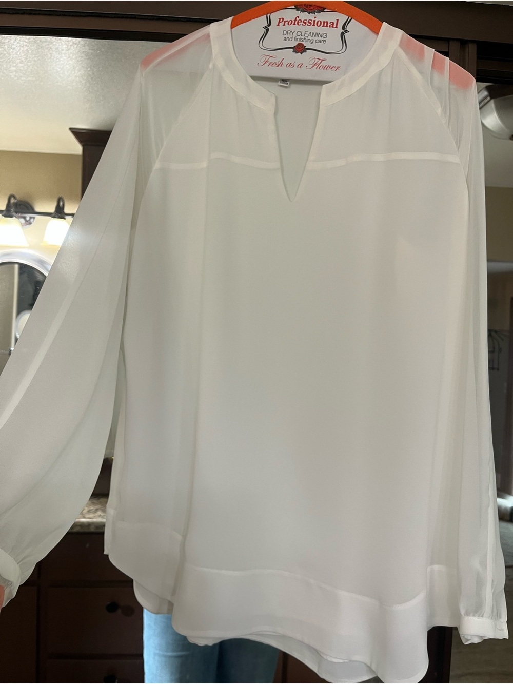CAbi White Sheer Long-Sleeve V-Notch Blouse